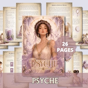 Puede incluir: Un conjunto de 26 páginas con ilustraciones y texto. La imagen central muestra a una mujer con un vestido fluido, con la palabra "PSYCHE" en un lugar destacado. Las páginas tienen una estética vintage con bordes decorativos e ilustraciones.