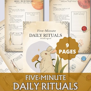 Peut inclure: Un ensemble de guides de rituels quotidiens de neuf pages. La couverture pr&eacute;sente une illustration de lapin beige avec une fleur jaune. Le titre "Five-Minute Daily Rituals" est affich&eacute; dans une police d&eacute;corative. Les pages ont une esth&eacute;tique vintage.