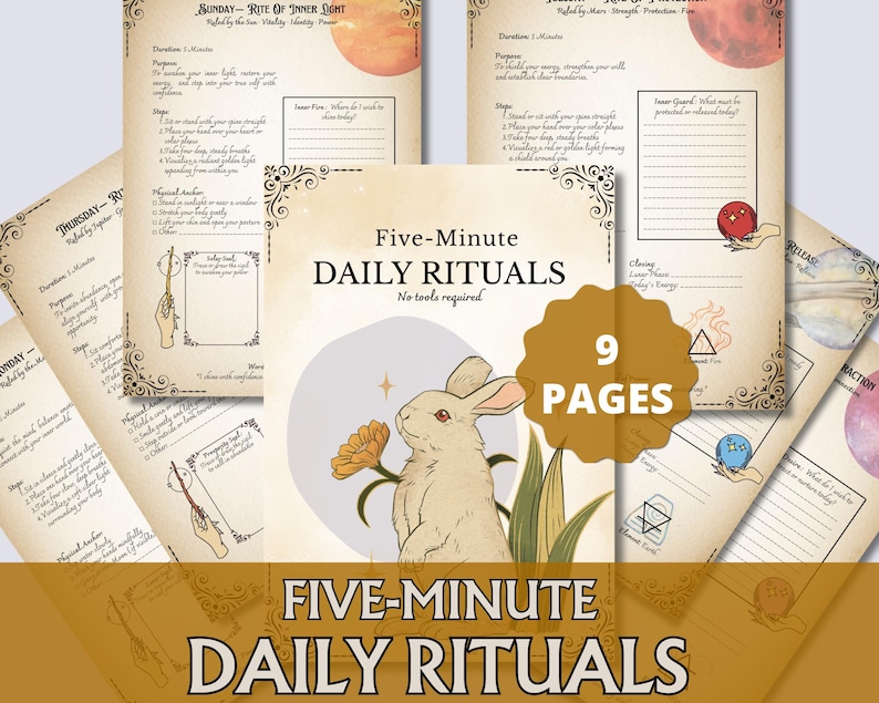 Peut inclure: Un ensemble de guides de rituels quotidiens de neuf pages. La couverture pr&eacute;sente une illustration de lapin beige avec une fleur jaune. Le titre "Five-Minute Daily Rituals" est affich&eacute; dans une police d&eacute;corative. Les pages ont une esth&eacute;tique vintage.