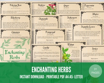 31 pages Herbal Magic Printable Grimoire Pages - Herbes enchanteresses - Herboristerie - Sorcière verte - Livre des ombres - journal des herbes