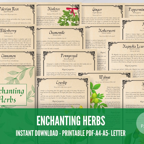 31 pages Herbal Magic Printable Grimoire Pages - Enchanting Herbs - Herbalism - Green Witch -Book of Shadows - herb journal