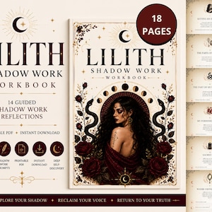 Peut inclure: Un cahier d'exercices Lilith Shadow Work de 18 pages, avec une illustration de couverture représentant une personne aux longs cheveux sombres, des serpents et des roses rouges. Le texte mentionne 14 réflexions guidées et un téléchargement PDF.