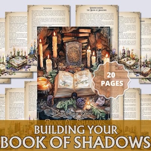 May include: A set of aged paper pages with illustrations and text, surrounding a central image of an open book, candles, and mystical objects. The text "Building Your Book of Shadows" is displayed at the bottom, with a "20 PAGES" label.