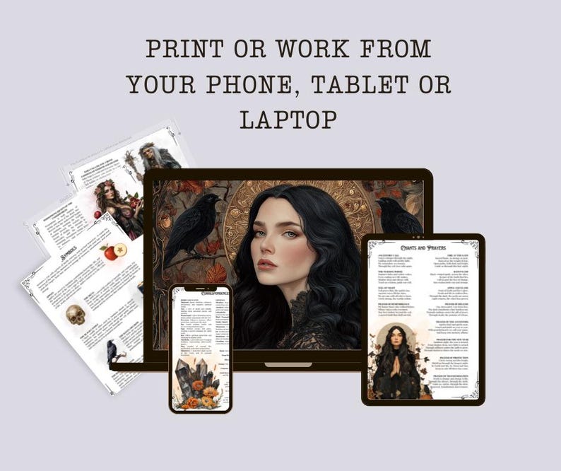 May include: Digital art print featuring a woman with long black hair, a raven, and text that reads "PRINT OR WORK FROM YOUR PHONE, TABLET OR LAPTOP." The image is displayed on a laptop, tablet, phone, and printed pages.