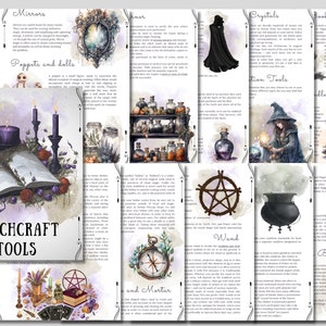 May include: A watercolor illustration of various witchcraft tools, including a book of shadows, a cauldron, a wand, a broom, a mortar and pestle, crystals, a mirror, and a pentagram. The illustration is surrounded by text describing the tools and their uses.