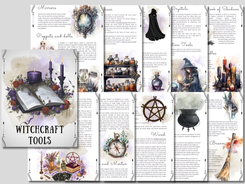 May include: A watercolor illustration of various witchcraft tools, including a book of shadows, a cauldron, a wand, a broom, a mortar and pestle, crystals, a mirror, and a pentagram. The illustration is surrounded by text describing the tools and their uses.