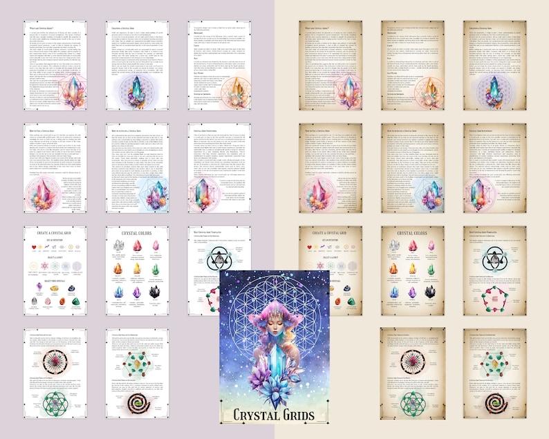 Pu&ograve; includere: Una guida stampabile per creare griglie di cristalli con istruzioni e diagrammi. La guida include informazioni su come scegliere i cristalli, creare diverse forme di griglia e usarle per vari scopi. La guida presenta anche una bella illustrazione di una donna che medita con i cristalli.