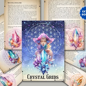 May include: A watercolor illustration of a crystal grid with a woman in the center. The grid is surrounded by stars and a blue sky. The text "CRYSTAL GRIDS" is at the bottom of the image.