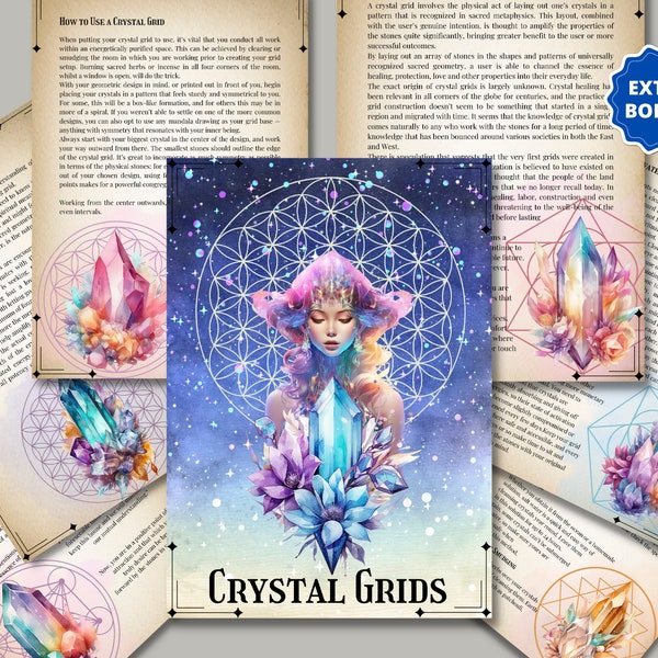 Crystal Grids Guide Printable + BONUS. Beautiful Grimoire Pages for Beginners. Instant download.