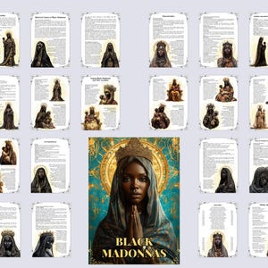 Pode incluir: Uma colagem de imagens de Madonas Negras, um &iacute;cone religioso que representa a Virgem Maria com pele escura. As imagens est&atilde;o dispostas em uma grade com texto sobre a hist&oacute;ria e o significado das Madonas Negras. O texto inclui informa&ccedil;&otilde;es sobre as origens do &iacute;cone, seu significado cultural e seu papel na arte e na religi&atilde;o. A colagem &eacute; emoldurada por uma borda dourada e o texto "BLACK MADONNAS" &eacute; impresso em letras grandes na parte inferior.