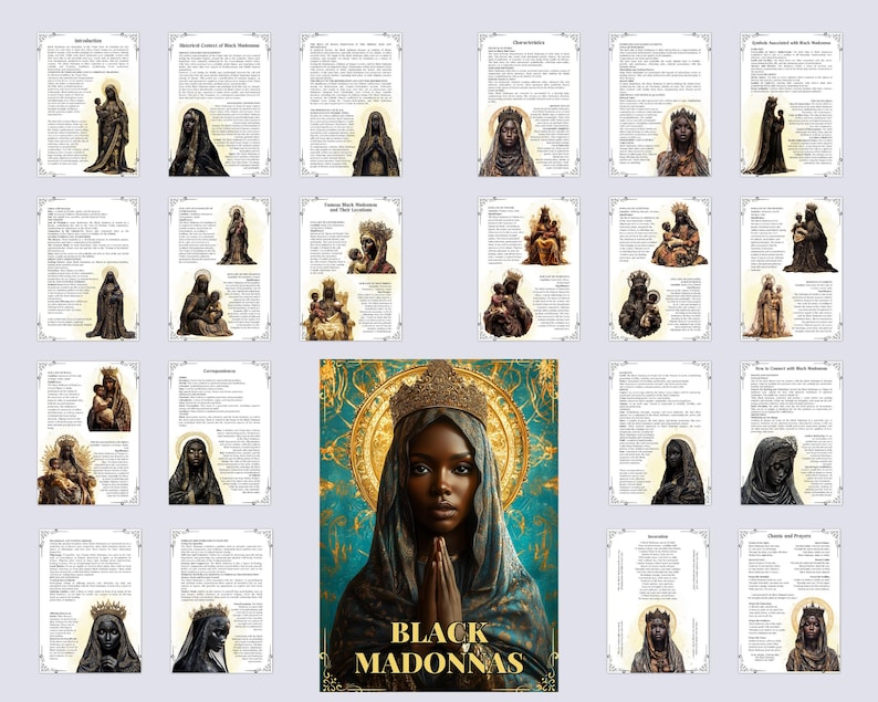 Pode incluir: Uma colagem de imagens de Madonas Negras, um &iacute;cone religioso que representa a Virgem Maria com pele escura. As imagens est&atilde;o dispostas em uma grade com texto sobre a hist&oacute;ria e o significado das Madonas Negras. O texto inclui informa&ccedil;&otilde;es sobre as origens do &iacute;cone, seu significado cultural e seu papel na arte e na religi&atilde;o. A colagem &eacute; emoldurada por uma borda dourada e o texto "BLACK MADONNAS" &eacute; impresso em letras grandes na parte inferior.