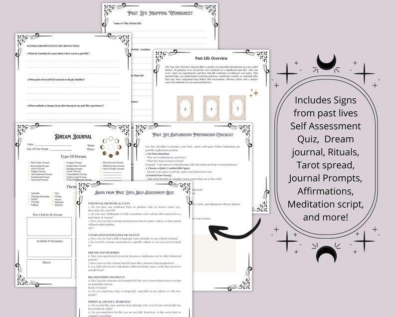 May include: A collection of printable worksheets and journal pages with decorative borders. The pages include prompts for past life exploration, dream journaling, and self-assessment. Text includes "Includes Signs from past lives, Self Assessment Quiz, Dream journal, Rituals, Tarot spread, Journal Prompts, Affirmations, Meditation script, and more!"