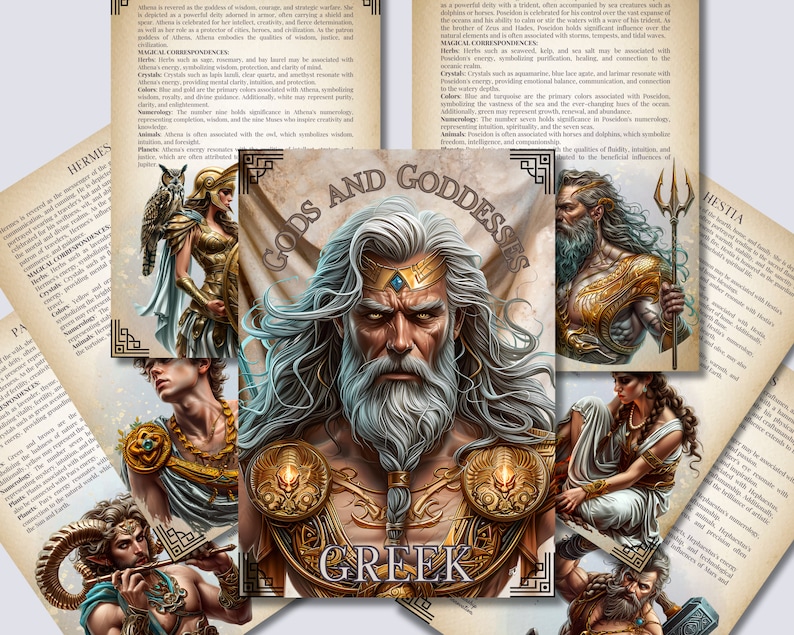 May include: A set of illustrated cards depicting Greek gods and goddesses. The central card shows a detailed portrait of Zeus with a golden crown. Other cards showcase deities, with text in the background.