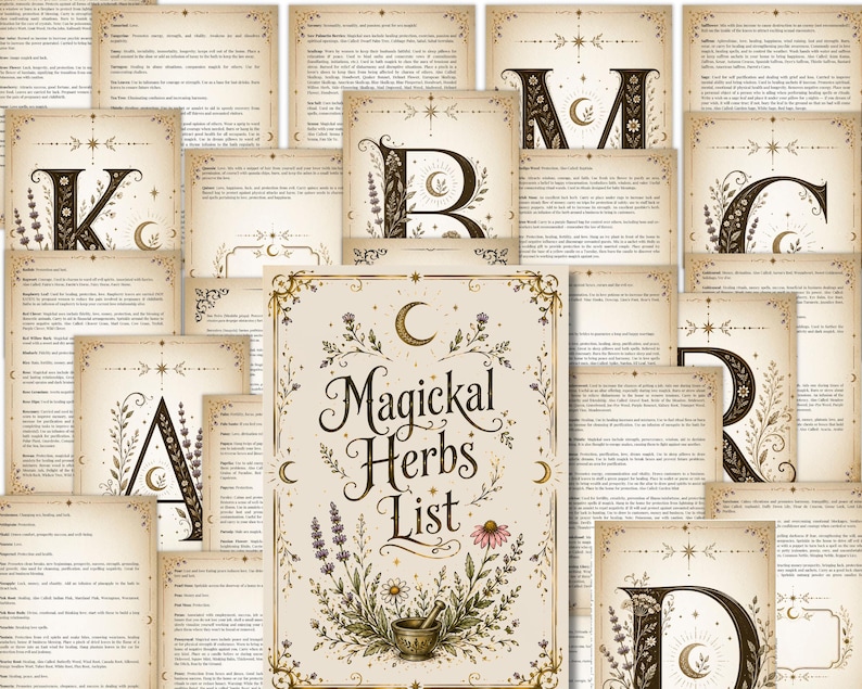 May include: A collection of vintage-style pages with botanical illustrations and text. The central page reads "Magickal Herbs List" with floral and moon designs. Other pages feature large decorative letters and text, creating a mystical theme.