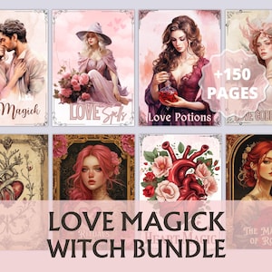 Può includere: Una collezione di stampe d'arte digitale a tema romantico e mistico. Le immagini presentano illustrazioni di coppie, streghe e cuori, con titoli come "Love Magick" e "Love Potions". Il pacchetto include oltre 150 pagine.