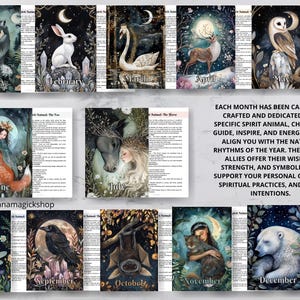 May include: A collection of twelve art prints, each representing a month with a unique animal illustration. The prints feature animals like a wolf, rabbit, swan, deer, and owl, with text indicating the month and the shop's name.