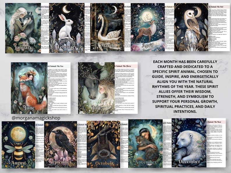 May include: A collection of twelve art prints, each representing a month with a unique animal illustration. The prints feature animals like a wolf, rabbit, swan, deer, and owl, with text indicating the month and the shop's name.