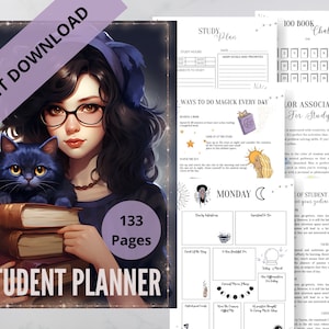 May include: A student planner with a purple and white cover featuring a young woman with a black cat and a stack of books. The planner has 133 pages and includes sections for study plans, color associations for studying, and a 100 book challenge.