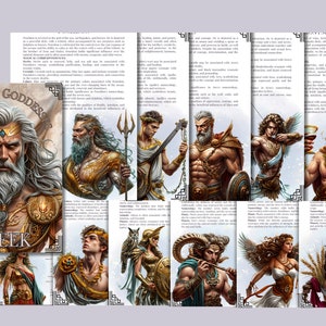 May include: A set of illustrated bookmarks depicting Greek gods and goddesses. Each bookmark presents a detailed portrait of a deity with accompanying text. The title "GODS AND GODDESSES" and the word "GREEK" are visible.