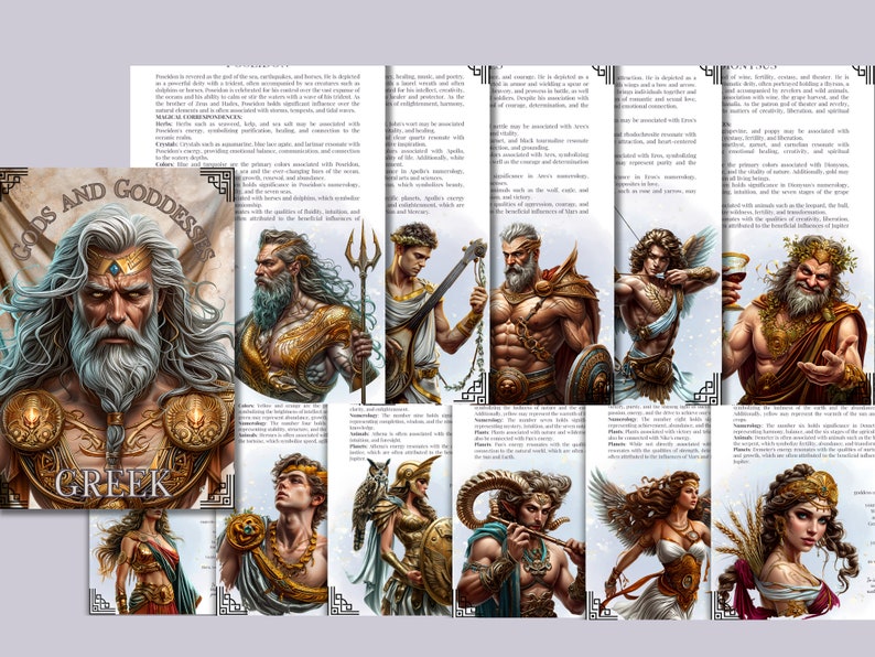 May include: A set of illustrated bookmarks depicting Greek gods and goddesses. Each bookmark presents a detailed portrait of a deity with accompanying text. The title "GODS AND GODDESSES" and the word "GREEK" are visible.