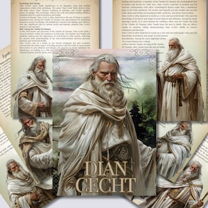 May include: A digital illustration of Dian Cecht, a Celtic deity of healing and medicine. He is depicted as an old man with a long white beard and white robes. The image is surrounded by text about his mythology and powers.
