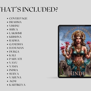 May include: A digital illustration of Hindu gods and goddesses. The image features a woman with four arms, holding a lotus flower in each hand. She is wearing a blue and gold sari and a crown with a red jewel. Two elephants are on either side of her. The text "Gods and Goddesses Hindu" is written in a gold font.