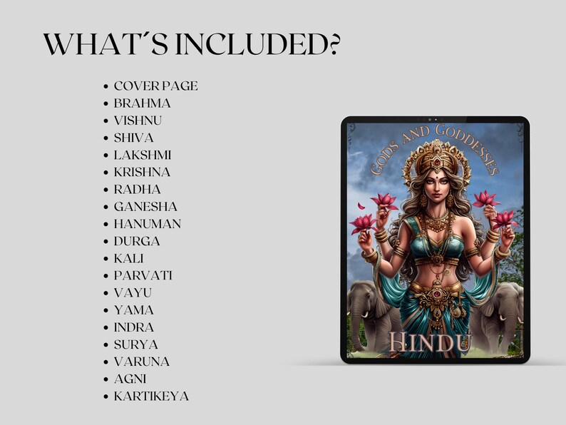 May include: A digital illustration of Hindu gods and goddesses. The image features a woman with four arms, holding a lotus flower in each hand. She is wearing a blue and gold sari and a crown with a red jewel. Two elephants are on either side of her. The text "Gods and Goddesses Hindu" is written in a gold font.