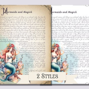 May include: Two watercolor illustrations of mermaids with text about mermaids and magick. The text describes mermaids as magical creatures who live in an enchanted realm. The text also mentions the Sea God Dagon, a Babylonian god, and the Syrian Goddess Atargatis, who is a symbiotic Moon Goddess. The text says that mermaids have the power to transform into humans and that they are known as merfolk.