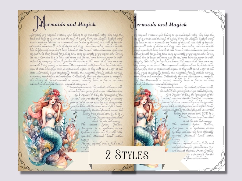 May include: Two watercolor illustrations of mermaids with text about mermaids and magick. The text describes mermaids as magical creatures who live in an enchanted realm. The text also mentions the Sea God Dagon, a Babylonian god, and the Syrian Goddess Atargatis, who is a symbiotic Moon Goddess. The text says that mermaids have the power to transform into humans and that they are known as merfolk.