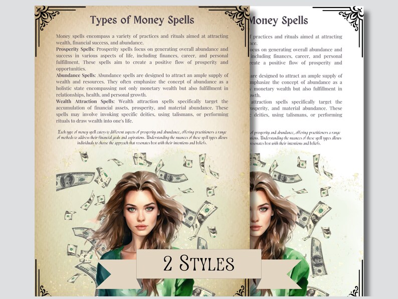 May include: A vintage-style illustration of a woman with long, flowing hair, surrounded by falling dollar bills. The text "Types of Money Spells" and "Money Spells" is visible in the image. The image is set against a background of parchment paper with a decorative border.