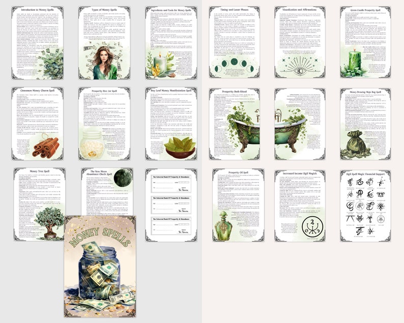 May include: A printable guide to money spells with illustrations of various ingredients and tools, including cinnamon sticks, bay leaves, a green candle, a bathtub, a money bag, and a jar full of money. The title of the guide is "Money Spells".
