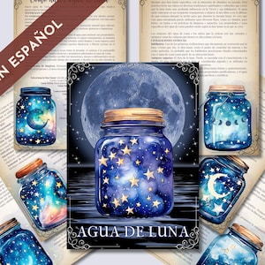Könnte beinhalten: Eine Aquarell-Illustration eines Einmachglases, gefüllt mit einer blauen und weißen galaxieartigen Flüssigkeit. Das Glas ist von einem Vollmond und Sternen umgeben. Der Text "AGUA DE LUNA" ist in einer dekorativen Schrift unter dem Glas geschrieben.