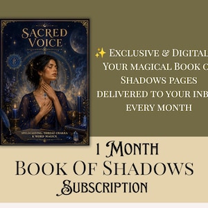 May include: An advertisement for a "Sacred Voice" book subscription. The book cover features a woman in a blue dress with candles and celestial imagery. Text includes "Exclusive & Digital" and "Book of Shadows Pages Delivered to Your Inbox Every Month."