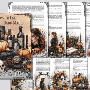 Pu&ograve; includere: Una guida per l'uso della magia oscura durante Samhain. La copertina presenta un'estetica dark e gotica con un corvo, zucche e bottiglie di pozioni. Il testo "How to Use Dark Magic During Samhain" &egrave; in bella vista.