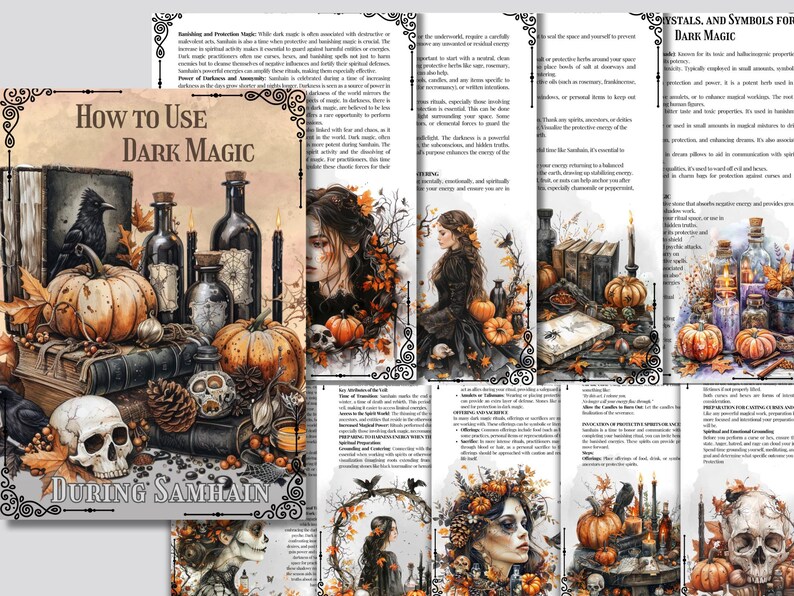 Pu&ograve; includere: Una guida per l'uso della magia oscura durante Samhain. La copertina presenta un'estetica dark e gotica con un corvo, zucche e bottiglie di pozioni. Il testo "How to Use Dark Magic During Samhain" &egrave; in bella vista.