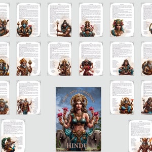 May include: A colorful illustration of Hindu gods and goddesses. The image features a central image of a goddess with four arms, surrounded by smaller images of various deities. The text "Gods and Goddesses Hindu" is displayed at the bottom of the image.