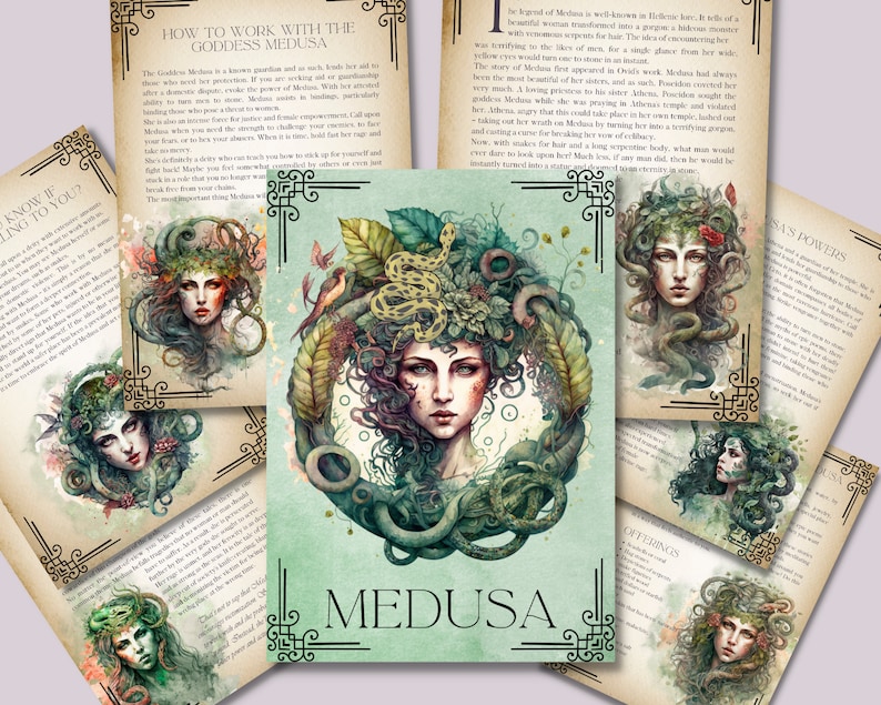 May include: A digital illustration of Medusa, a Greek mythological figure, with snakes for hair and a fierce expression. The image is surrounded by text about how to work with the goddess Medusa.