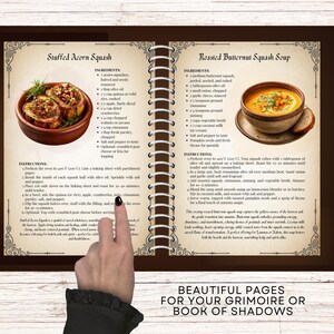 May include: A double-page spread from a grimoire or book of shadows, featuring recipes for stuffed acorn squash and roasted butternut squash soup. The pages are brown with decorative borders and spiral binding. A hand points to the page.