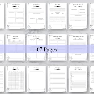 Op de afbeelding: Een zwart-witte printbare planner met 97 pagina's met een maan- en sterrendesign. De planner bevat pagina's voor maaltijdplanning, receptenkaarten, zelfcompassie, het veranderen van je mindset, het aanpakken van negatieve zelfspraak, maandelijkse doelen, verlanglijst, contacttracker en dagelijkse stemmingstracker.