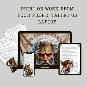 May include: Digital artwork displayed on a laptop, tablet, and smartphone, with printed pages to the left. The laptop screen shows a close-up of a bearded man with a golden crown, the text "GODS AND GODDESS" is above him. The text "PRINT OR WORK FROM YOUR PHONE, TABLET OR LAPTOP" is at the top.