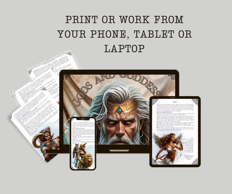 May include: Digital artwork displayed on a laptop, tablet, and smartphone, with printed pages to the left. The laptop screen shows a close-up of a bearded man with a golden crown, the text "GODS AND GODDESS" is above him. The text "PRINT OR WORK FROM YOUR PHONE, TABLET OR LAPTOP" is at the top.