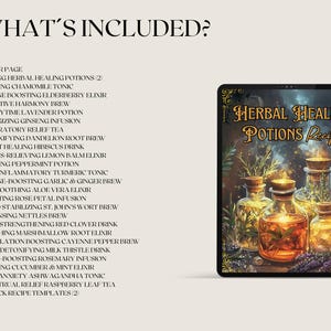 Op de afbeelding: Een digitale tablet met "Herbal Healing Potions Recipes". De afbeelding wordt vergezeld door een lijst met recepten, waaronder "Calming Chamomile Tonic" en "Detoxifying Dandelion Root Brew". Neutrale achtergrond.
