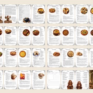 May include: A collection of recipe cards from a cookbook, featuring various dishes like soups, pies, and desserts. Each card has a decorative border and illustrations of the food. The cookbook's theme appears to be centered around autumn and fall recipes.