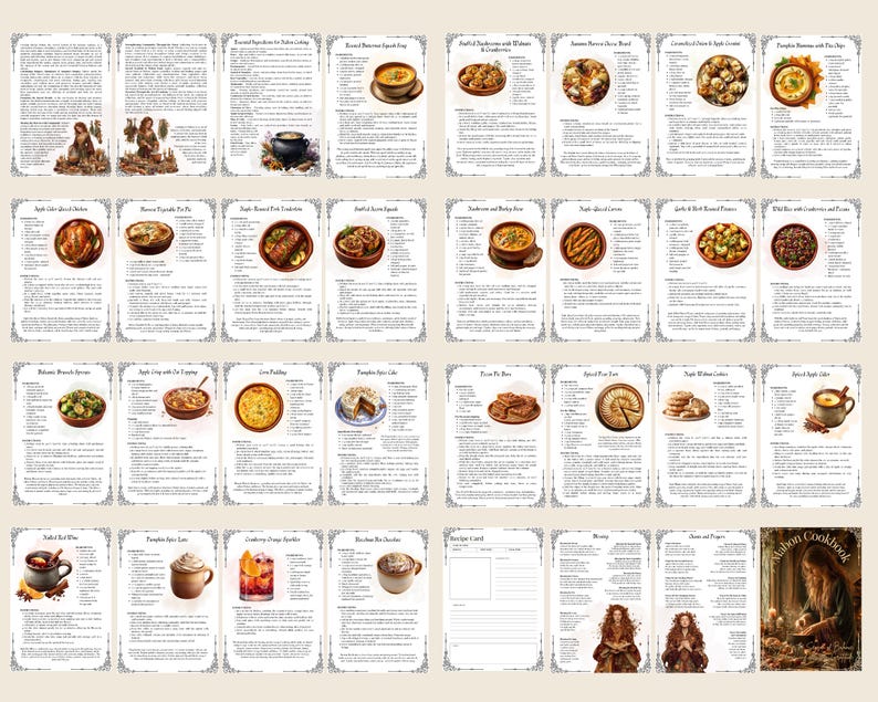 May include: A collection of recipe cards from a cookbook, featuring various dishes like soups, pies, and desserts. Each card has a decorative border and illustrations of the food. The cookbook's theme appears to be centered around autumn and fall recipes.