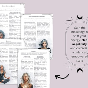 Puede incluir: Una gu&iacute;a digital imprimible con ilustraciones de mujeres meditando, con texto sobre el aprovechamiento y la direcci&oacute;n de la energ&iacute;a, la conexi&oacute;n a tierra y la visualizaci&oacute;n. El texto incluye frases como "Obtenga el conocimiento para cambiar su energ&iacute;a, eliminar la negatividad y cultivar un estado equilibrado y empoderado."