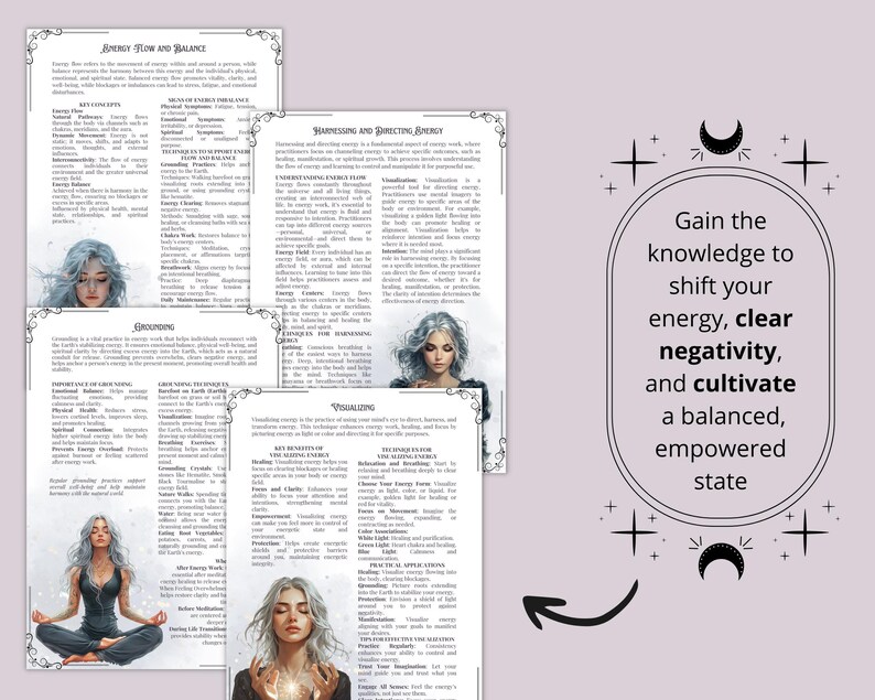 Puede incluir: Una gu&iacute;a digital imprimible con ilustraciones de mujeres meditando, con texto sobre el aprovechamiento y la direcci&oacute;n de la energ&iacute;a, la conexi&oacute;n a tierra y la visualizaci&oacute;n. El texto incluye frases como "Obtenga el conocimiento para cambiar su energ&iacute;a, eliminar la negatividad y cultivar un estado equilibrado y empoderado."