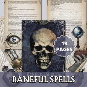 May include: A collection of vintage-style pages with illustrations of a skull, an eye, and a hand holding an apple. The text "BANEFUL SPELLS" is at the bottom, with "19 PAGES" in a badge. The overall theme is related to magic and spells.