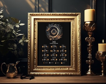Calendrier lunaire 2026 imprimable | Phases de la lune 2026 | Art mystique du soleil et de la lune | Décoration murale astrologie bohème en téléchargement numérique