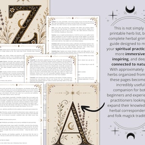 May include: Printable herb list and grimoire guide with A-Z herb organization. The design features botanical illustrations, crescent moons, and stars. The text on the image reads: "This is not simply a printable herb list, but a complete herbal grimoire guide..."
