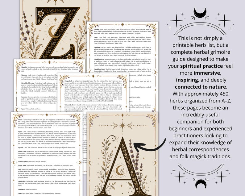 May include: Printable herb list and grimoire guide with A-Z herb organization. The design features botanical illustrations, crescent moons, and stars. The text on the image reads: "This is not simply a printable herb list, but a complete herbal grimoire guide..."